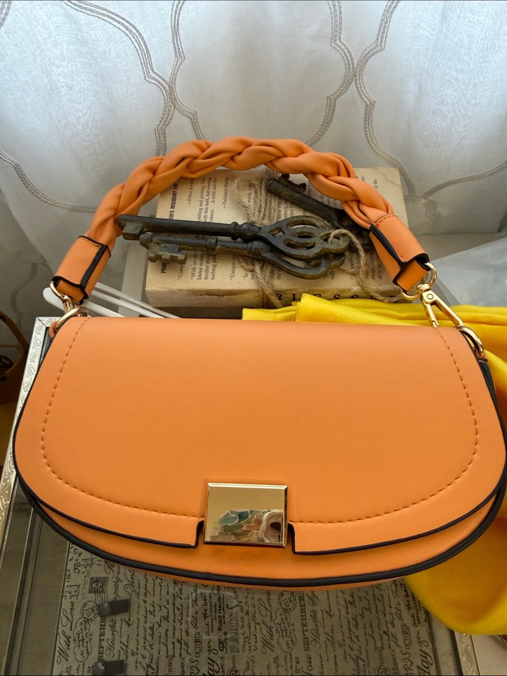 Braided-Handle Orange Shoulder Bag - Women